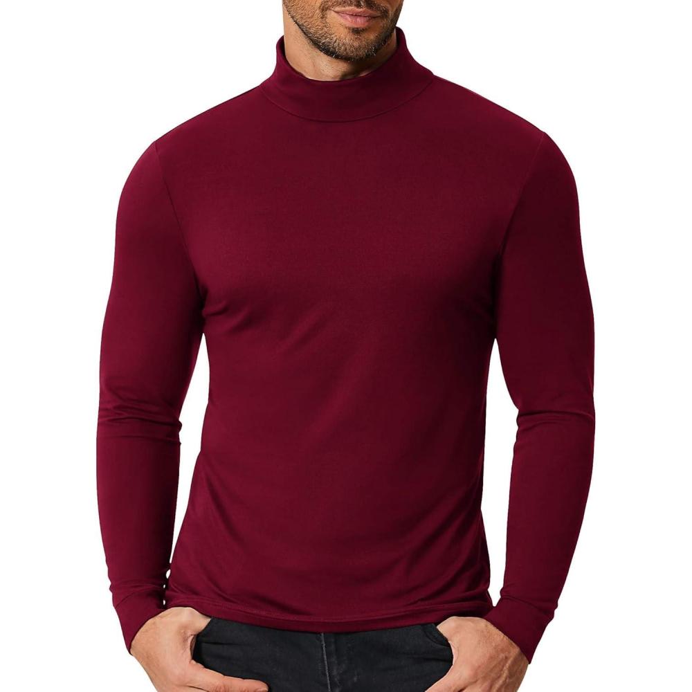 imageCOOFANDY Mens Slim Fit Mock Turtleneck T Shirt Casual Basic Knitted Long Sleeve Pullover SweaterWine Red