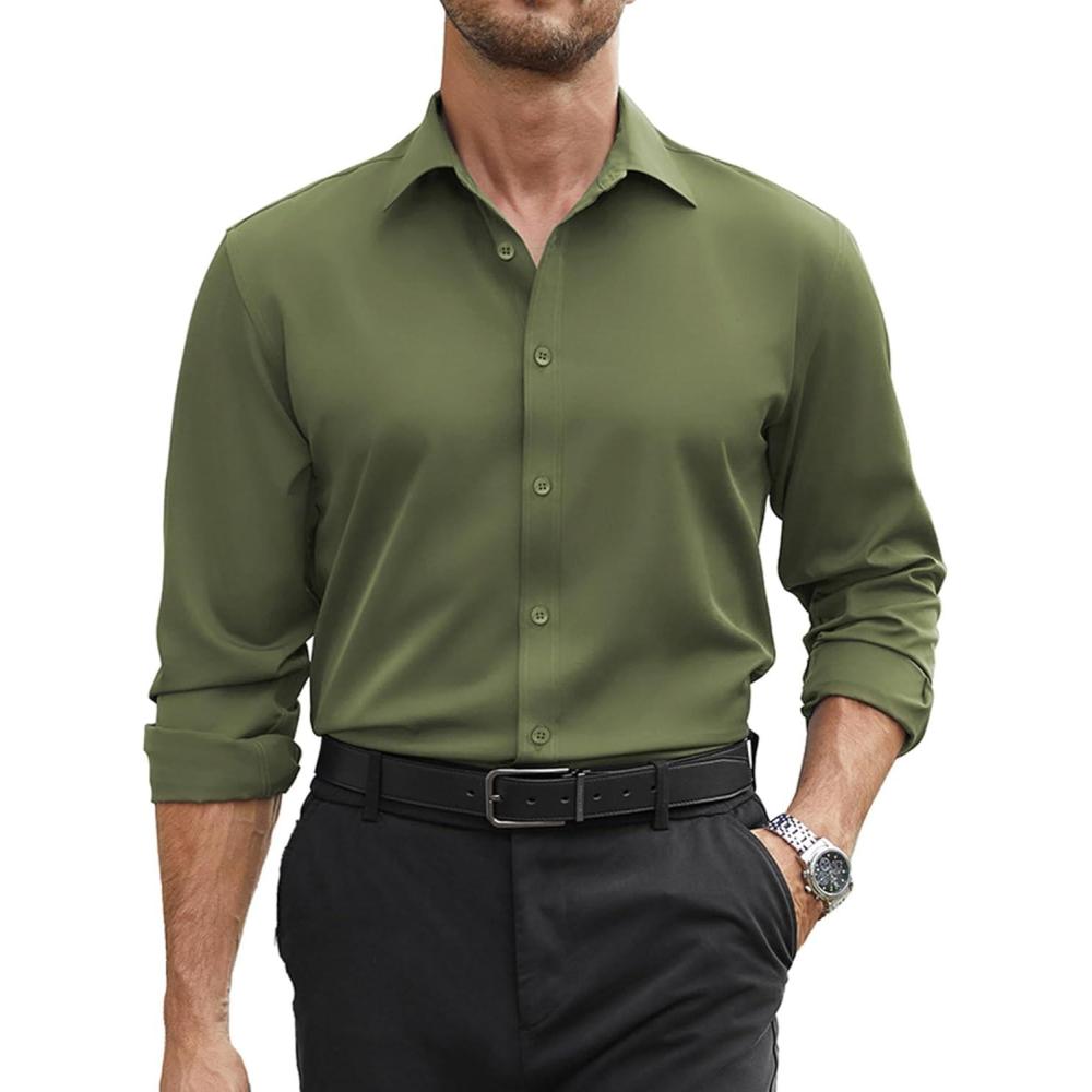 imageCOOFANDY Mens Stretch Dress Shirts Long Sleeve Button Down Shirt Regular Fit Formal Business ShirtsArmy Green