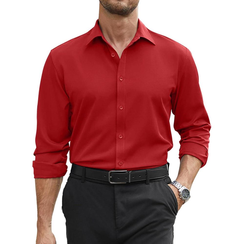 imageCOOFANDY Mens Stretch Dress Shirts Long Sleeve Button Down Shirt Regular Fit Formal Business ShirtsDeep Red