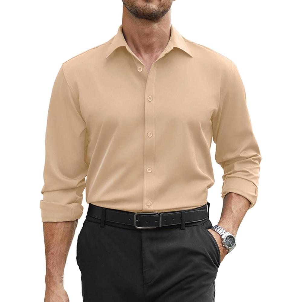 imageCOOFANDY Mens Stretch Dress Shirts Long Sleeve Button Down Shirt Regular Fit Formal Business ShirtsLight Khaki