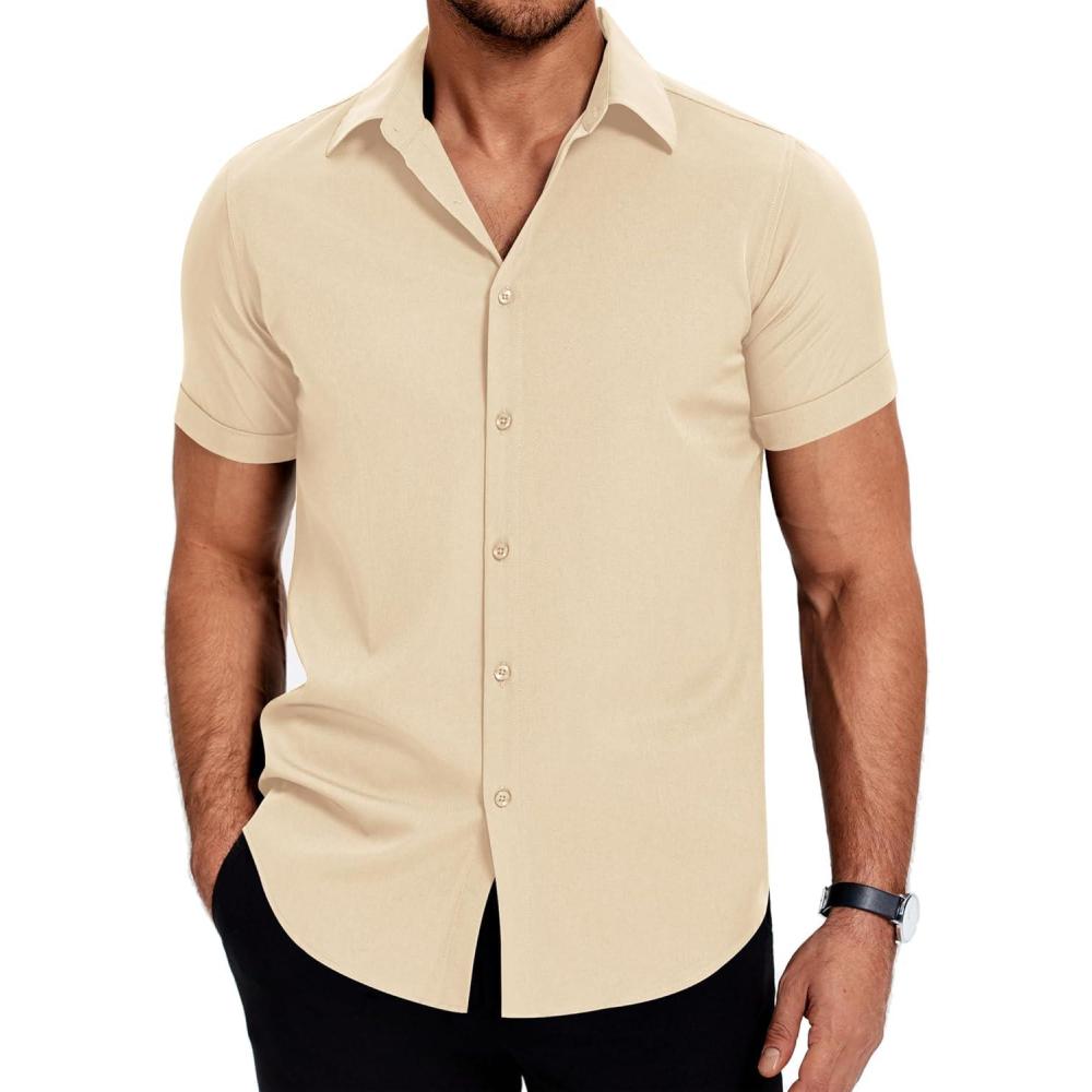imageCOOFANDY Mens Stretch Dress Shirts Short Sleeve Wrinkle Free Casual Button Down ShirtsBeige