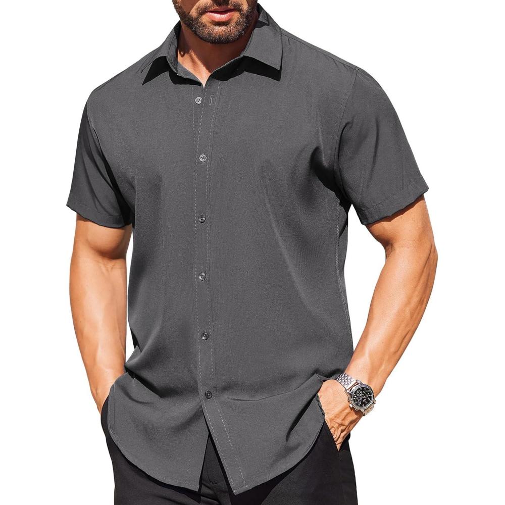 imageCOOFANDY Mens Stretch Dress Shirts Short Sleeve Wrinkle Free Casual Button Down ShirtsDark Gray
