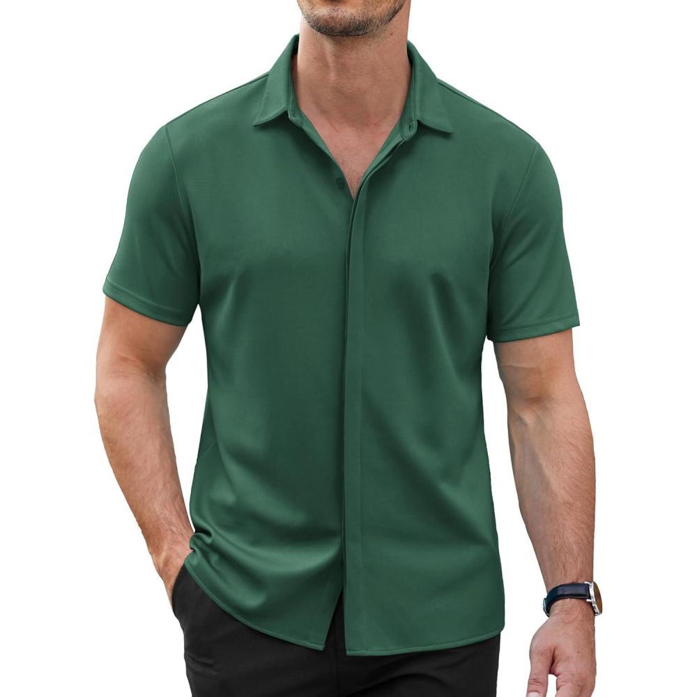 imageCOOFANDY Mens Stretch Dress Shirts Short Sleeve Wrinkle Free Casual Button Down ShirtsLake Green
