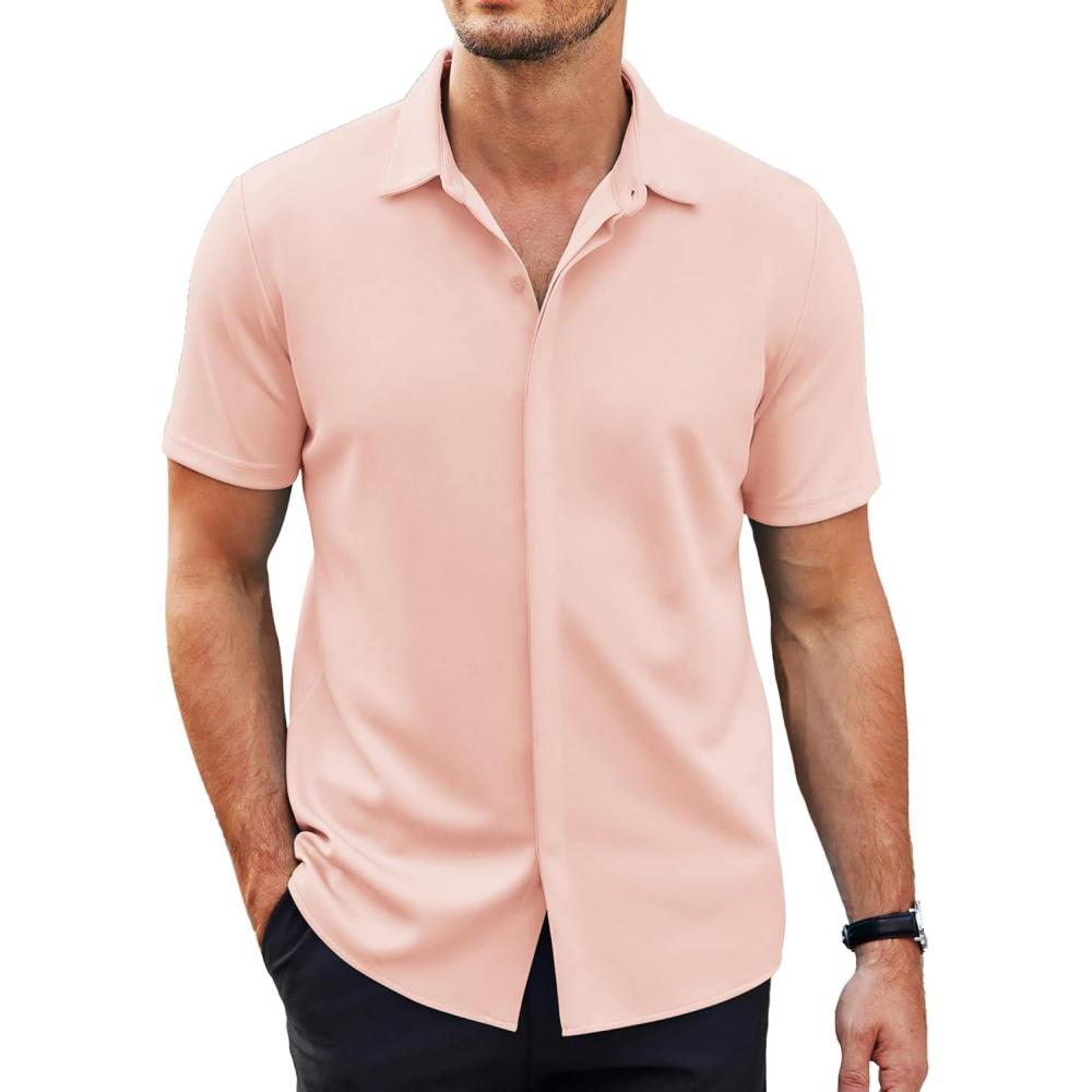 imageCOOFANDY Mens Stretch Dress Shirts Short Sleeve Wrinkle Free Casual Button Down ShirtsLight Pink