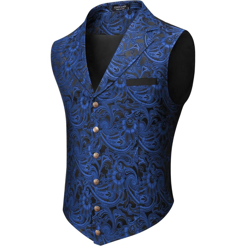 imageCOOFANDY Mens Suit Vest Paisley Floral Victorian Vests Gothic Steampunk Formal Waistcoat Tuxedo Vests with Notched LapelsBlue