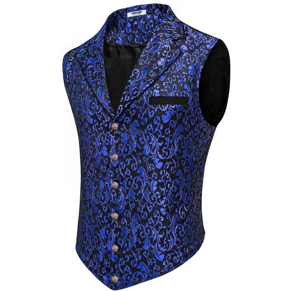 imageCOOFANDY Mens Suit Vest Paisley Floral Victorian Vests Gothic Steampunk Formal Waistcoat Tuxedo Vests with Notched LapelsBlue Filigree
