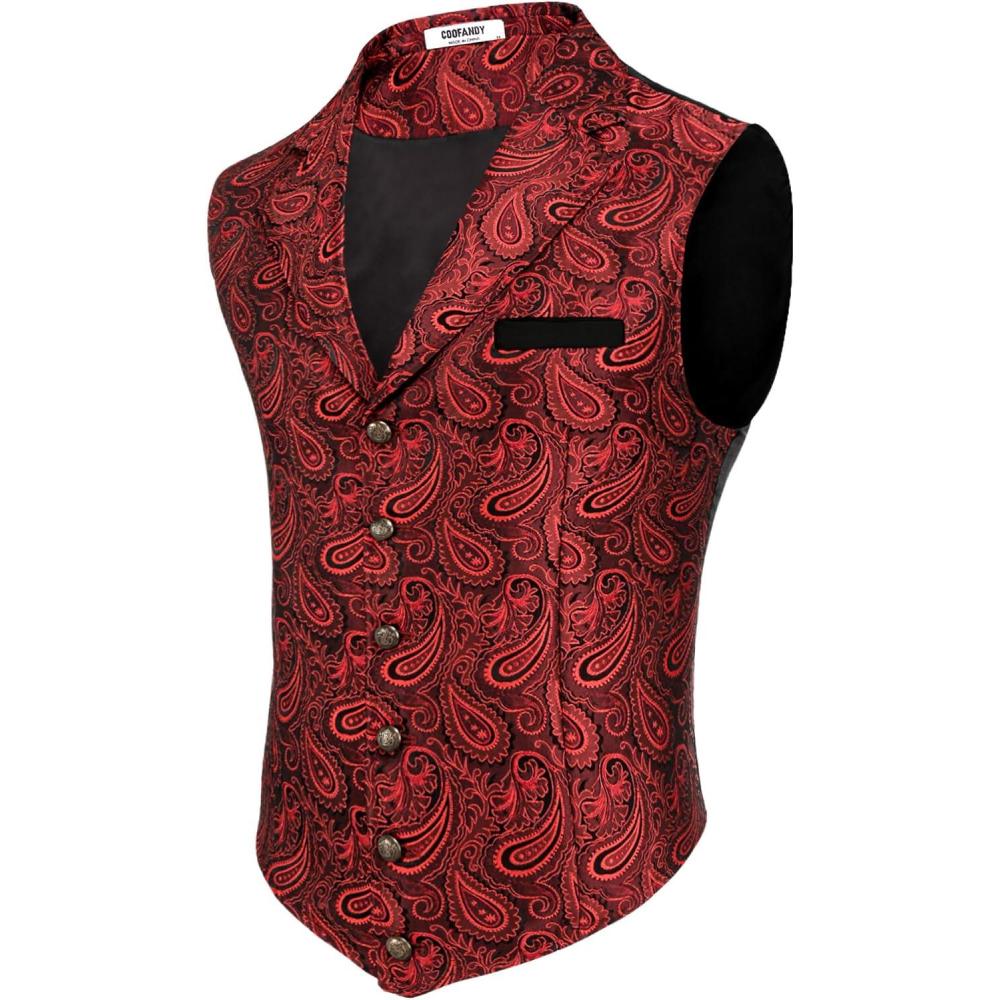 imageCOOFANDY Mens Suit Vest Paisley Floral Victorian Vests Gothic Steampunk Formal Waistcoat Tuxedo Vests with Notched LapelsBright Red Paisley