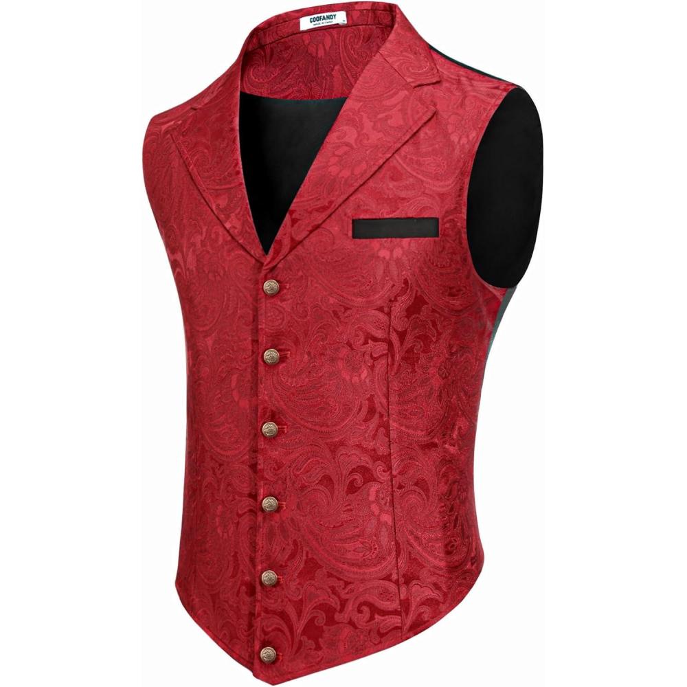 imageCOOFANDY Mens Suit Vest Paisley Floral Victorian Vests Gothic Steampunk Formal Waistcoat Tuxedo Vests with Notched LapelsBurgundy