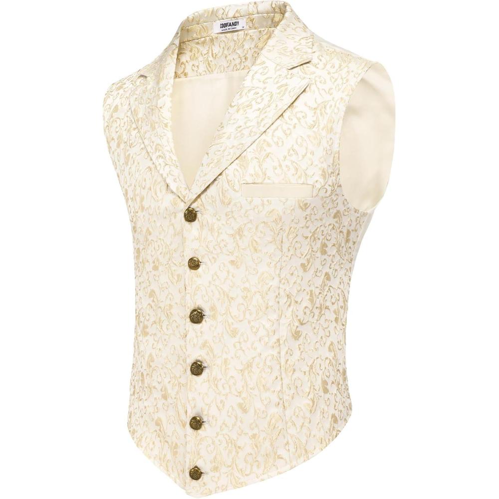 imageCOOFANDY Mens Suit Vest Paisley Floral Victorian Vests Gothic Steampunk Formal Waistcoat Tuxedo Vests with Notched LapelsChampagne Filigree