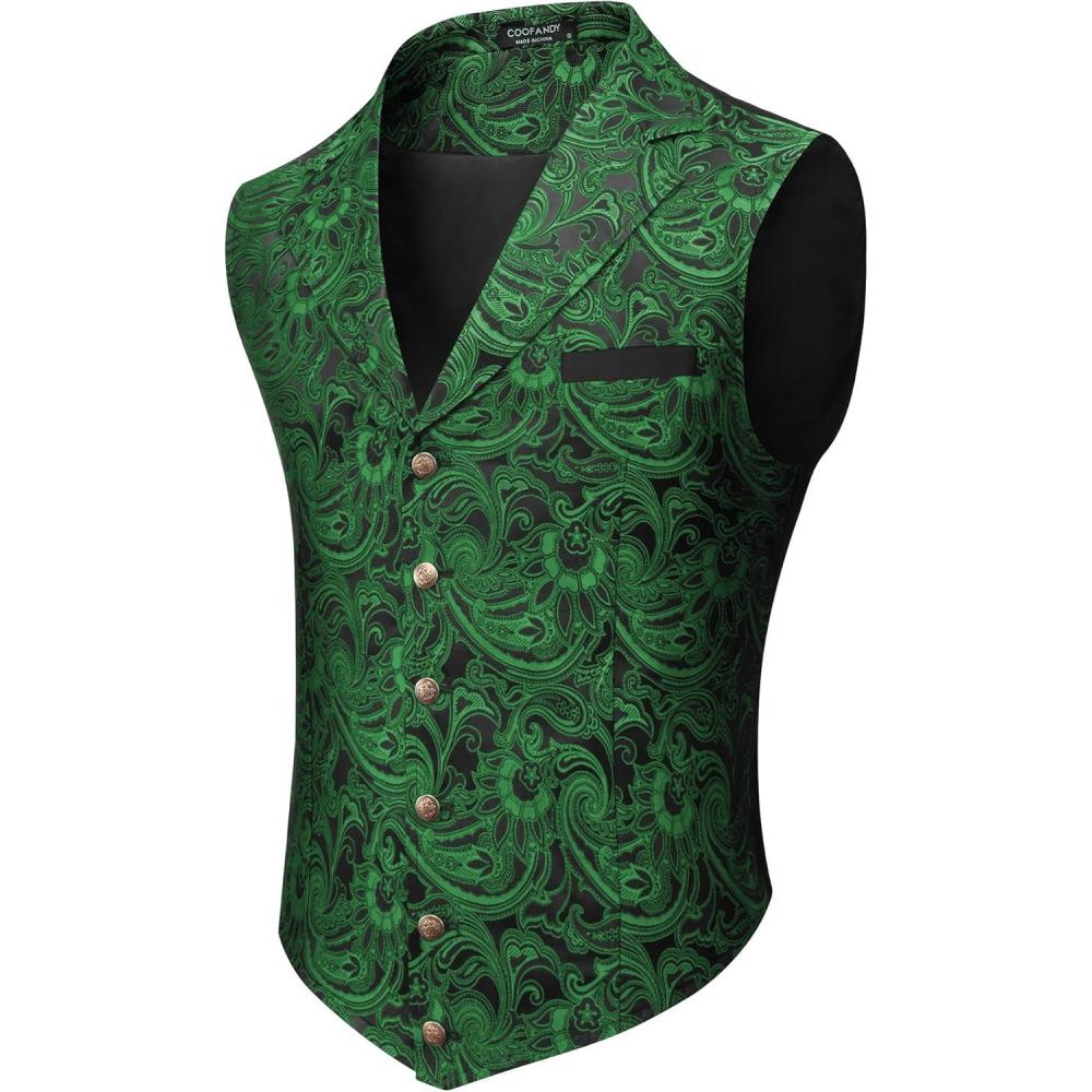 imageCOOFANDY Mens Suit Vest Paisley Floral Victorian Vests Gothic Steampunk Formal Waistcoat Tuxedo Vests with Notched LapelsGreen