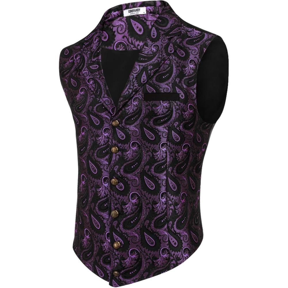 imageCOOFANDY Mens Suit Vest Paisley Floral Victorian Vests Gothic Steampunk Formal Waistcoat Tuxedo Vests with Notched LapelsPurple Paisley