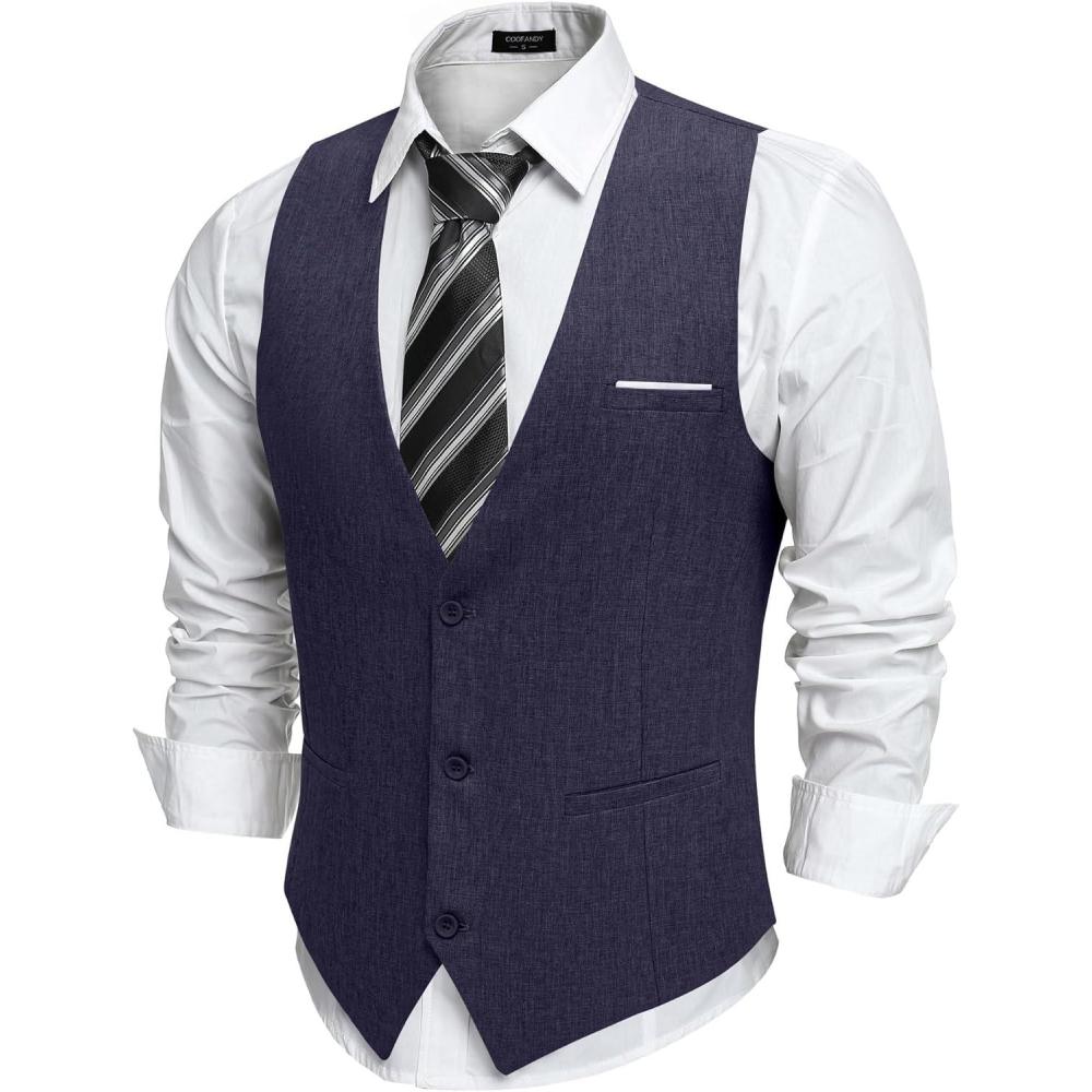 imageCOOFANDY Mens Suit Vest Slim Fit Casual Business Vests Lightweight VNeck Formal Dress Waistcoat for Wedding PromNavy Blue