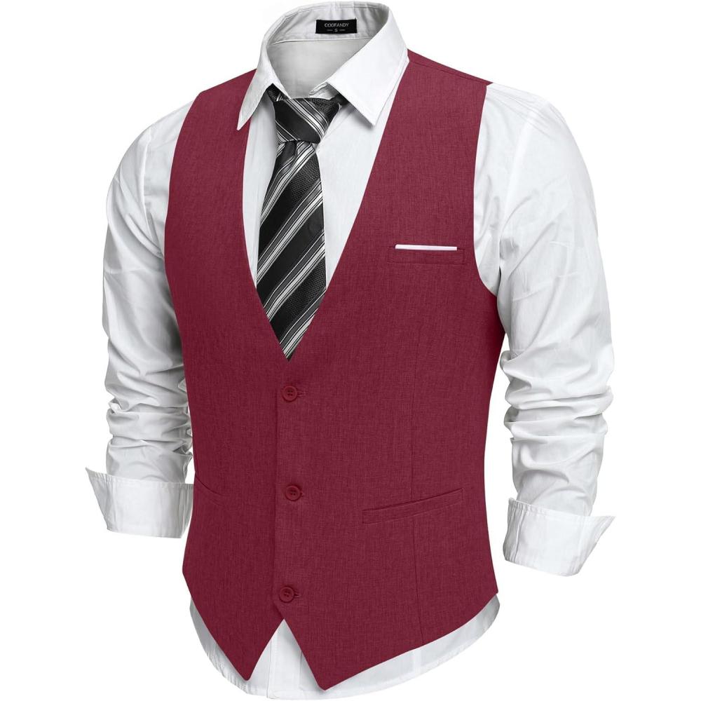 imageCOOFANDY Mens Suit Vest Slim Fit Casual Business Vests Lightweight VNeck Formal Dress Waistcoat for Wedding PromWine Red