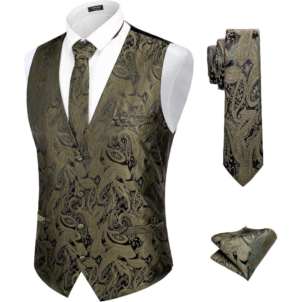 imageCOOFANDY Mens Suit Vest Tie Set 3PC Paisley Jacquard Waistcoat and Necktie Pocket Square for Holiday Party WeddingA Gold
