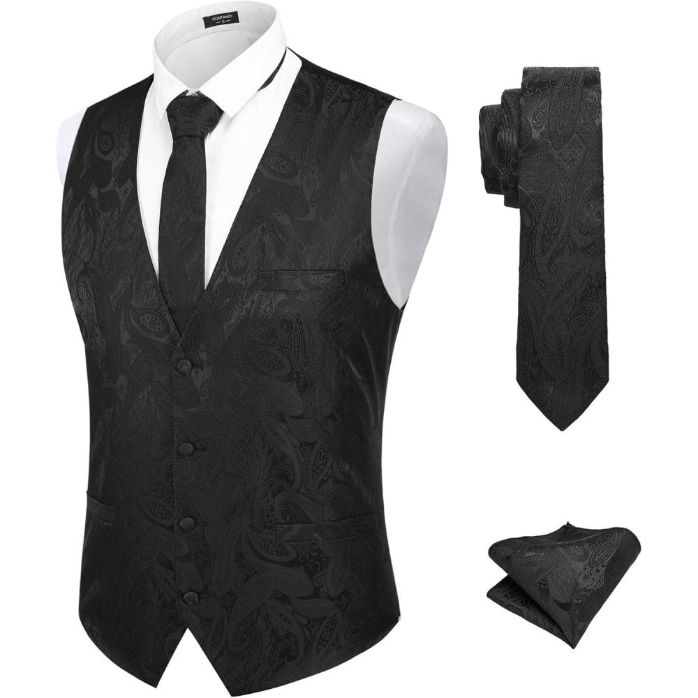 imageCOOFANDY Mens Suit Vest Tie Set 3PC Paisley Jacquard Waistcoat and Necktie Pocket Square for Holiday Party WeddingBlack