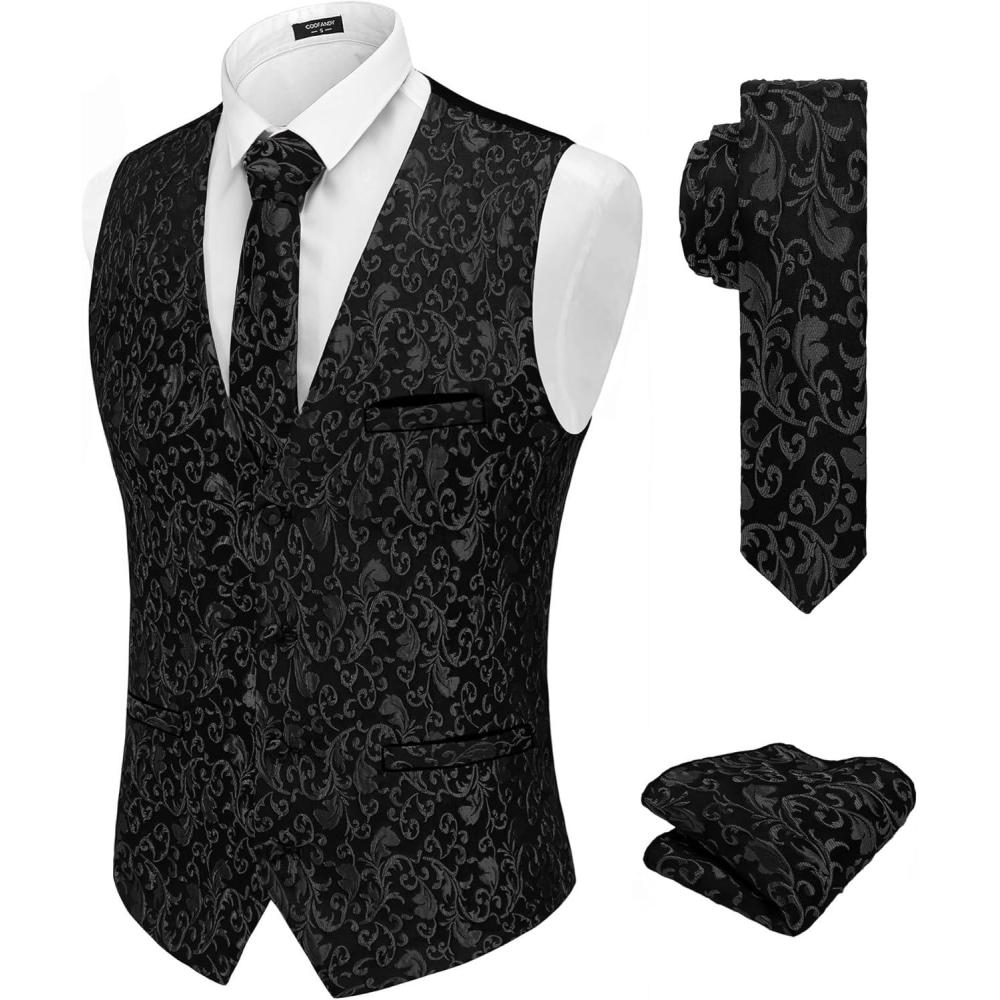 imageCOOFANDY Mens Suit Vest Tie Set 3PC Paisley Jacquard Waistcoat and Necktie Pocket Square for Holiday Party WeddingBlack Filigree