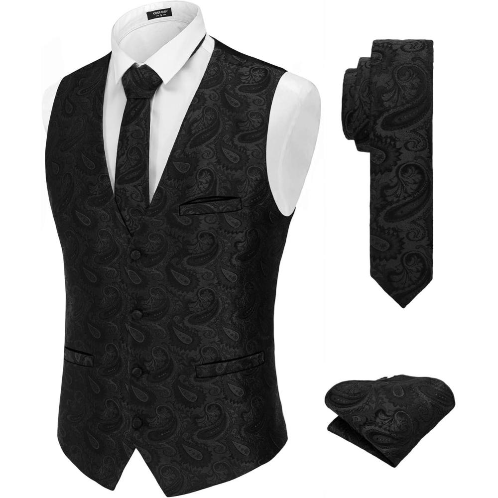 imageCOOFANDY Mens Suit Vest Tie Set 3PC Paisley Jacquard Waistcoat and Necktie Pocket Square for Holiday Party WeddingBlack Paisley