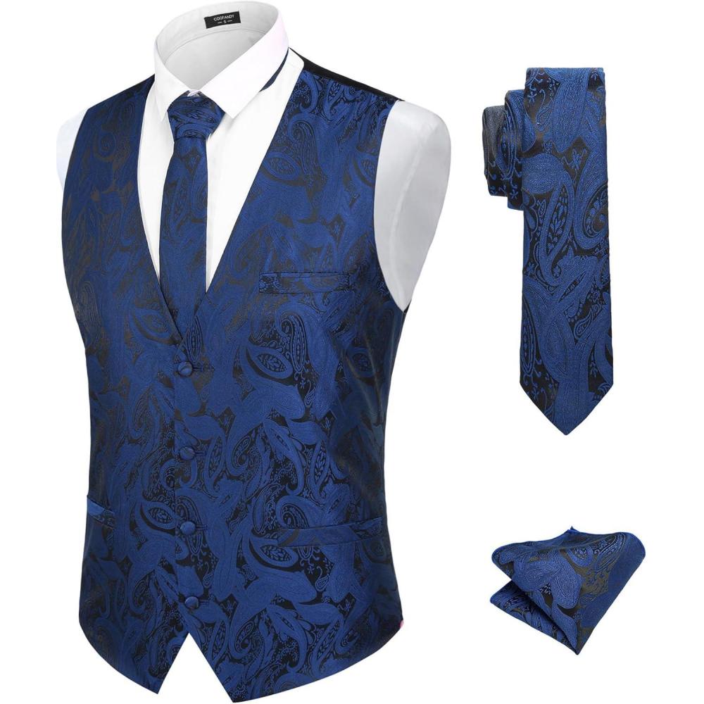 imageCOOFANDY Mens Suit Vest Tie Set 3PC Paisley Jacquard Waistcoat and Necktie Pocket Square for Holiday Party WeddingBlue