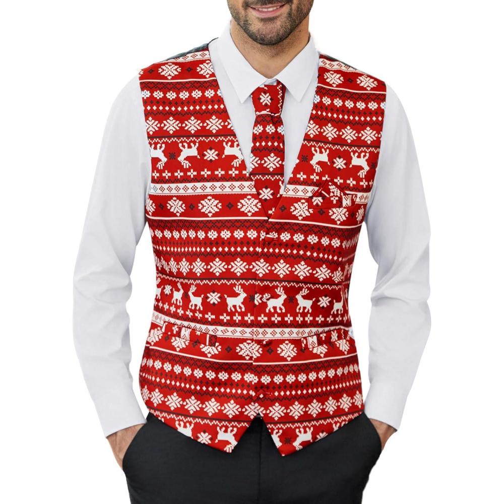imageCOOFANDY Mens Suit Vest Tie Set 3PC Paisley Jacquard Waistcoat and Necktie Pocket Square for Holiday Party WeddingChristmas Reindeer Snowflake