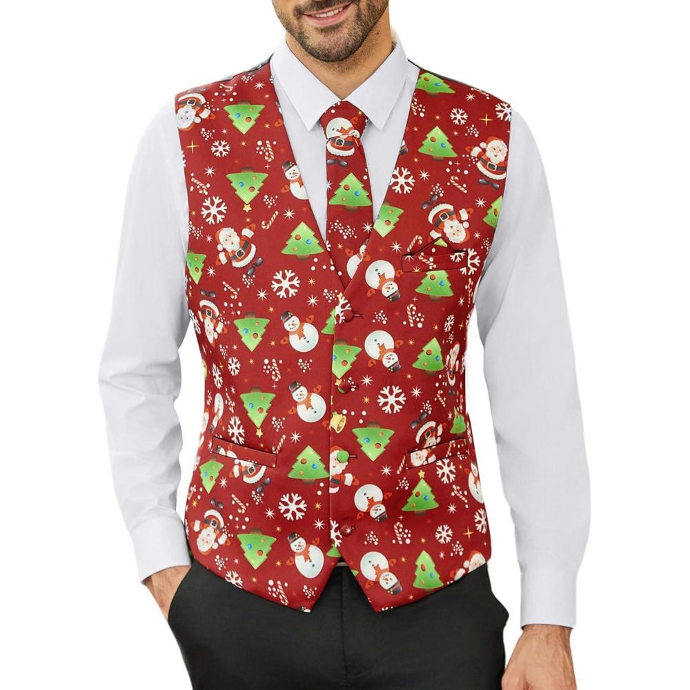 imageCOOFANDY Mens Suit Vest Tie Set 3PC Paisley Jacquard Waistcoat and Necktie Pocket Square for Holiday Party WeddingChristmas Tree