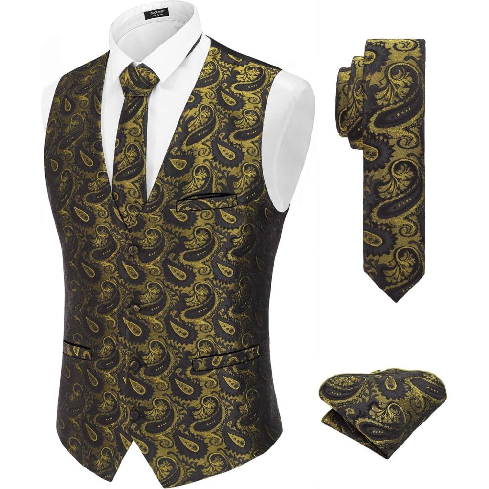 imageCOOFANDY Mens Suit Vest Tie Set 3PC Paisley Jacquard Waistcoat and Necktie Pocket Square for Holiday Party WeddingGolden Paisley