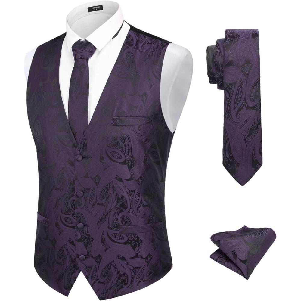 imageCOOFANDY Mens Suit Vest Tie Set 3PC Paisley Jacquard Waistcoat and Necktie Pocket Square for Holiday Party WeddingPurple
