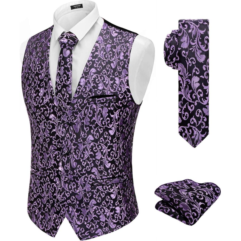 imageCOOFANDY Mens Suit Vest Tie Set 3PC Paisley Jacquard Waistcoat and Necktie Pocket Square for Holiday Party WeddingPurple Filigree