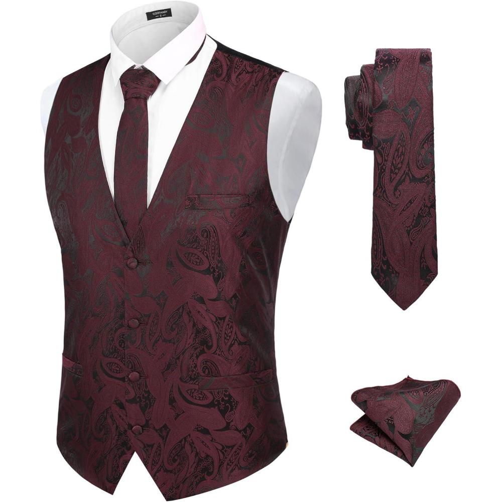 imageCOOFANDY Mens Suit Vest Tie Set 3PC Paisley Jacquard Waistcoat and Necktie Pocket Square for Holiday Party WeddingWine Red