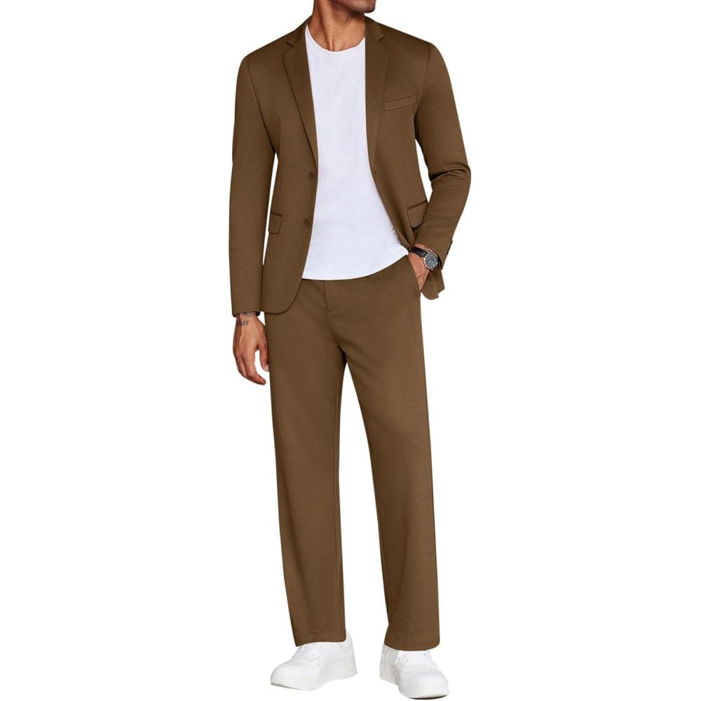 imageCOOFANDY Mens Suits 2 Piece Slim Fit Suit Set 2 Button Lightweight Casual Knit Blazer Suit Jacket PantsBrown