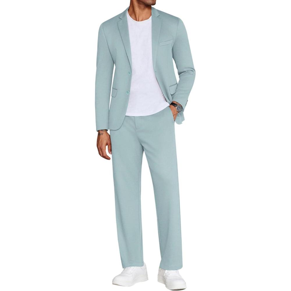 imageCOOFANDY Mens Suits 2 Piece Slim Fit Suit Set 2 Button Lightweight Casual Knit Blazer Suit Jacket PantsLight Blue