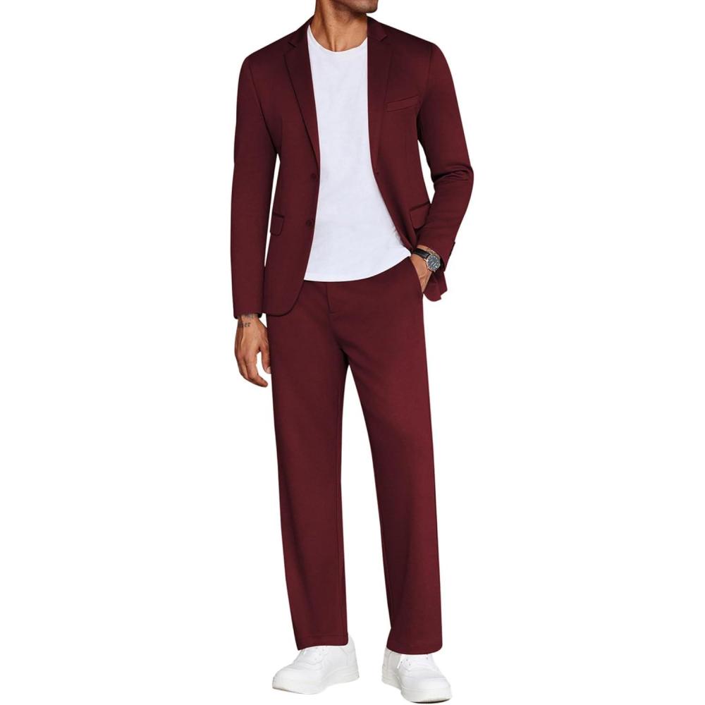 imageCOOFANDY Mens Suits 2 Piece Slim Fit Suit Set 2 Button Lightweight Casual Knit Blazer Suit Jacket PantsWine Red
