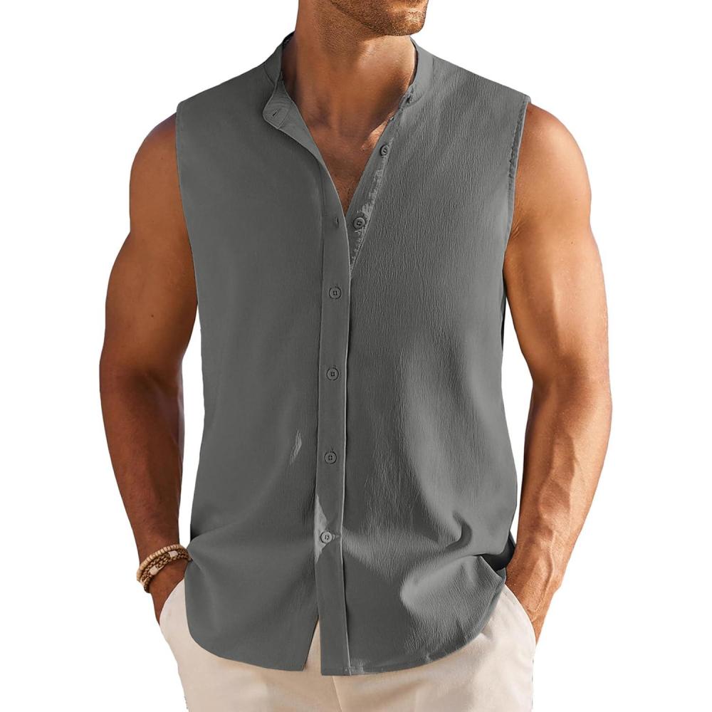 imageCOOFANDY Mens Summer Beach Tank Tops Sleeveless Button Up Shirt Casual Textured Tank ShirtsDark Grey