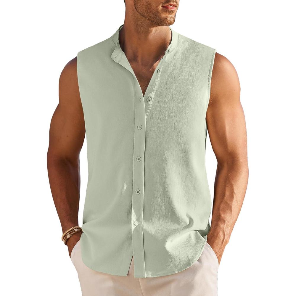 imageCOOFANDY Mens Summer Beach Tank Tops Sleeveless Button Up Shirt Casual Textured Tank ShirtsLight Green