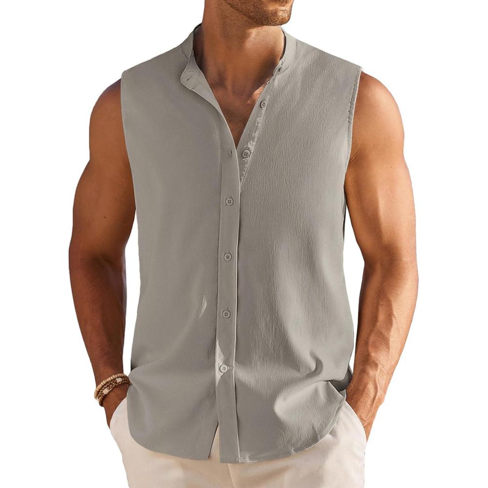 imageCOOFANDY Mens Summer Beach Tank Tops Sleeveless Button Up Shirt Casual Textured Tank ShirtsLight Grey