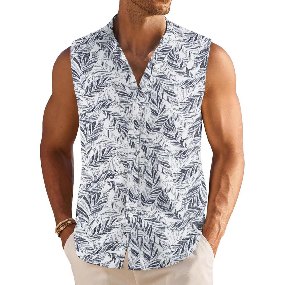 imageCOOFANDY Mens Summer Beach Tank Tops Sleeveless Button Up Shirt Casual Textured Tank ShirtsWhite Black Leaf