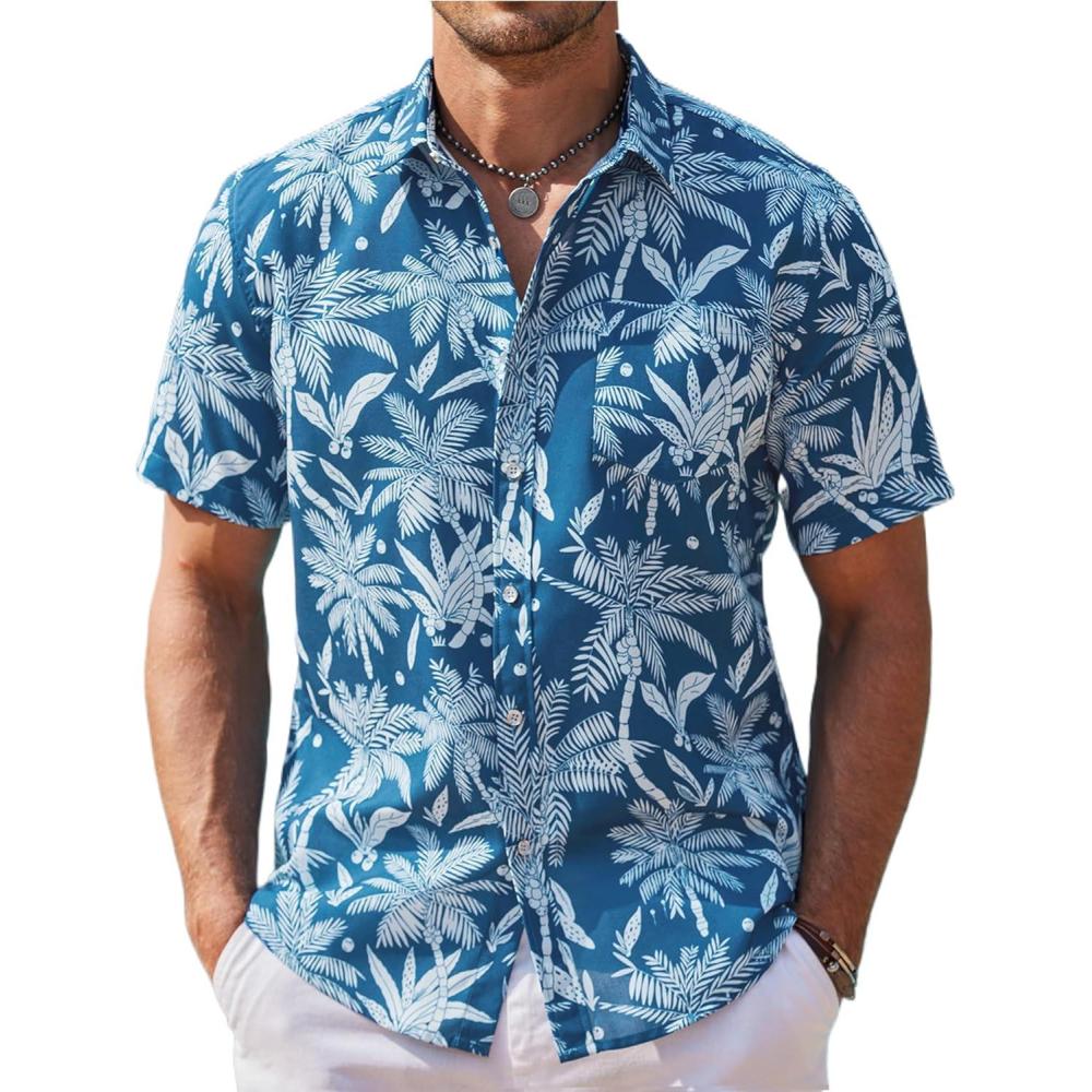 imageCOOFANDY Mens Summer Beach Vacation Shirt Casual Button Down Short Sleeve Shirt Hawaiian Tropical Resort WearBlue White Plam Leaf