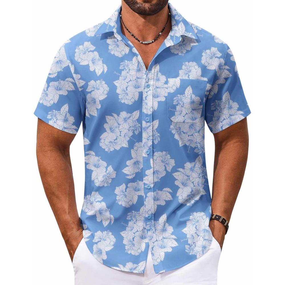 imageCOOFANDY Mens Summer Beach Vacation Shirt Casual Button Down Short Sleeve Shirt Hawaiian Tropical Resort WearBluewhite Flowers