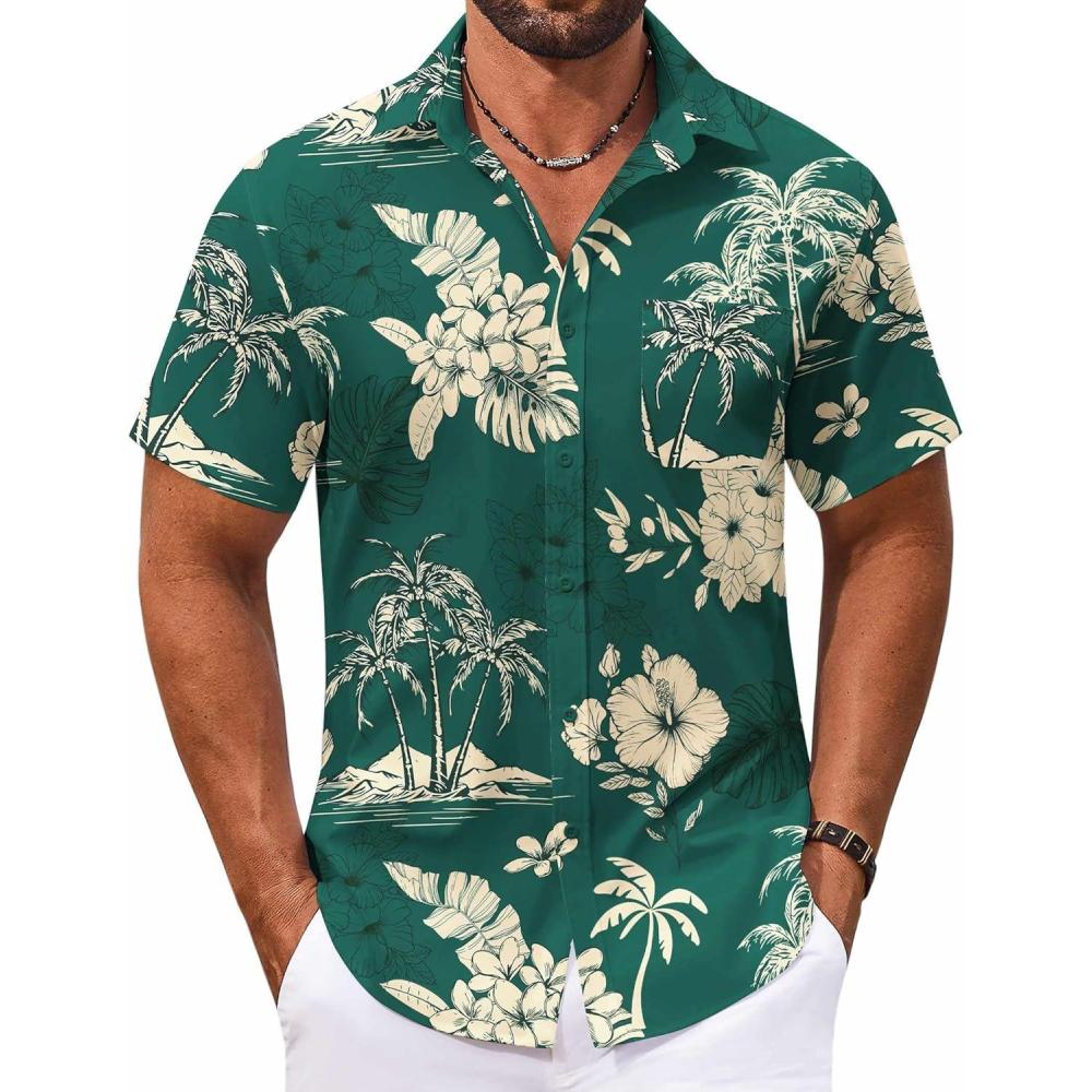 imageCOOFANDY Mens Summer Beach Vacation Shirt Casual Button Down Short Sleeve Shirt Hawaiian Tropical Resort WearGreenyellow Flowers