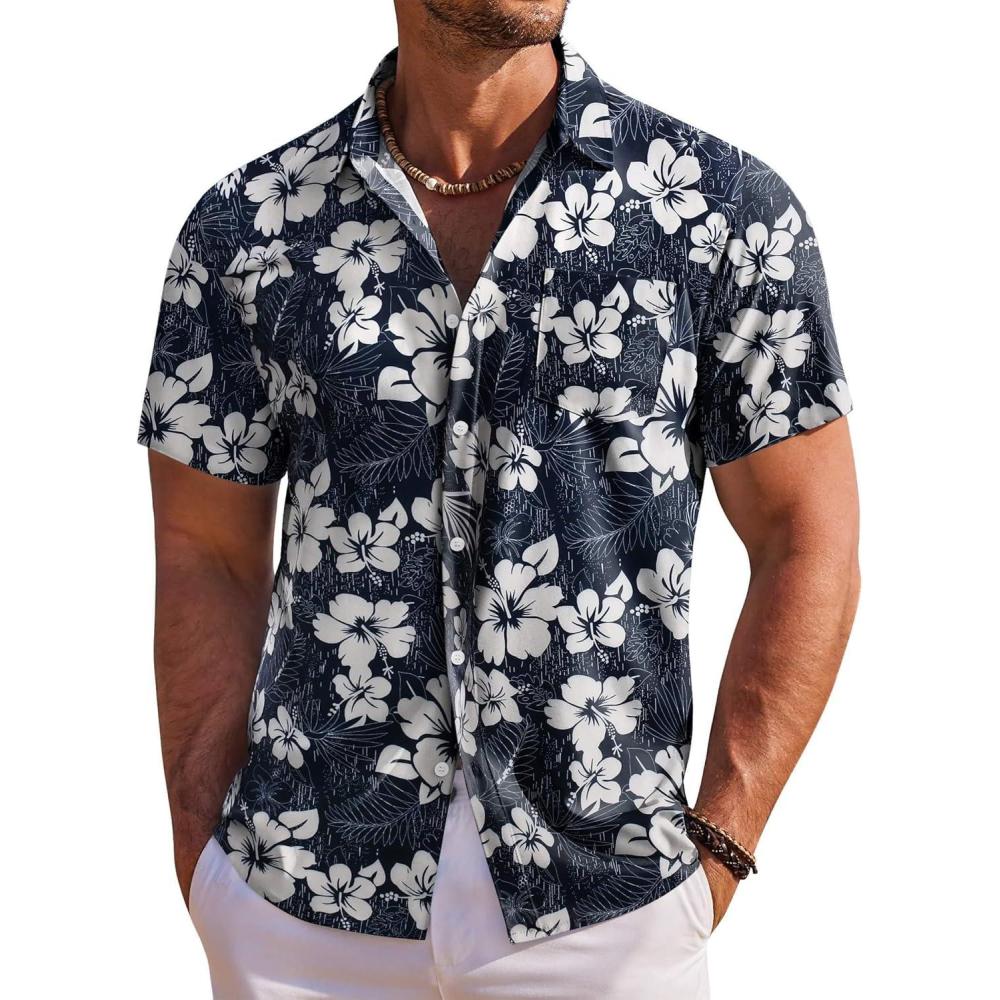 imageCOOFANDY Mens Summer Beach Vacation Shirt Casual Button Down Short Sleeve Shirt Hawaiian Tropical Resort WearNavy White Flower 2