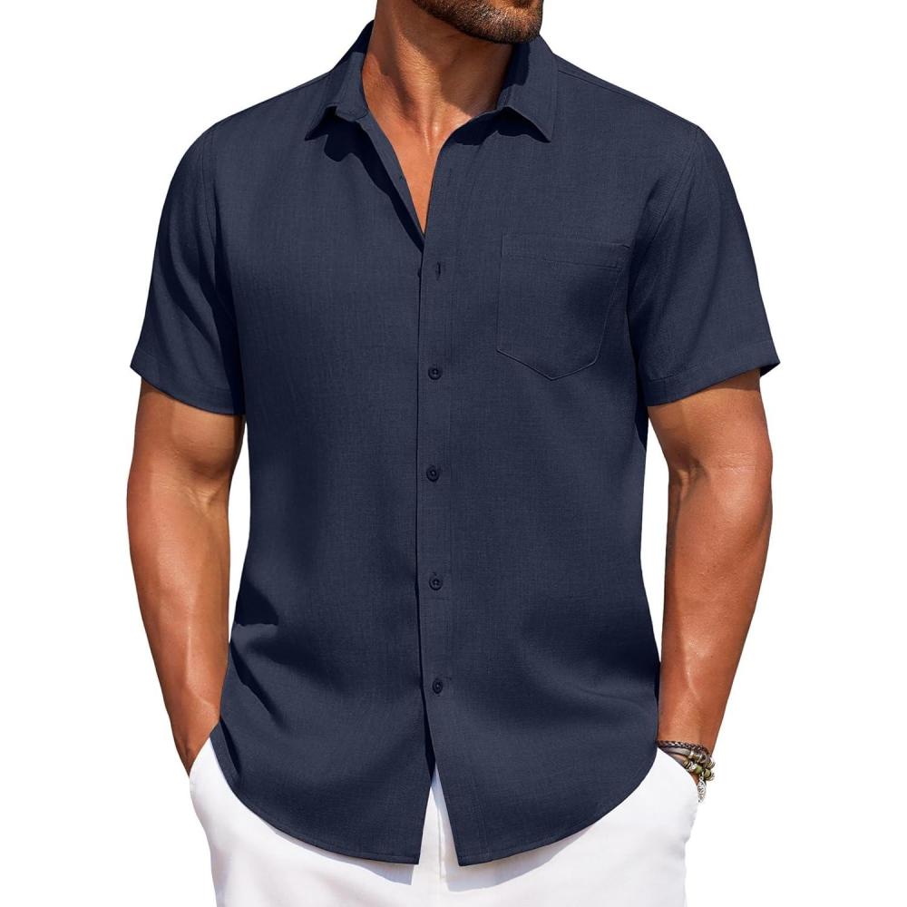 imageCOOFANDY Mens Summer Beach Vacation Shirt Casual Button Down Short Sleeve Shirt Hawaiian Tropical Resort WearNavy Blue