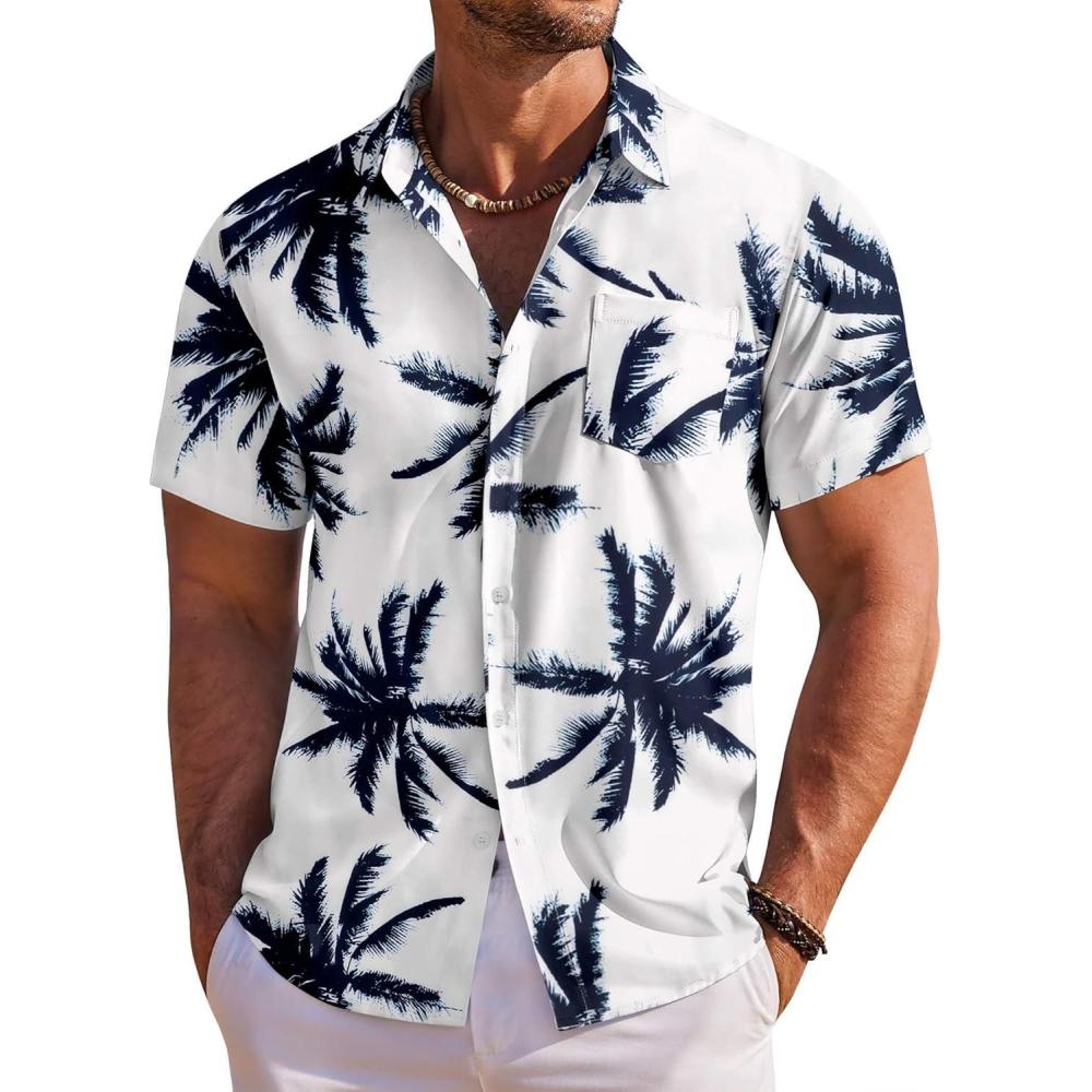 imageCOOFANDY Mens Summer Beach Vacation Shirt Casual Button Down Short Sleeve Shirt Hawaiian Tropical Resort WearNavy Palm Leaf Print