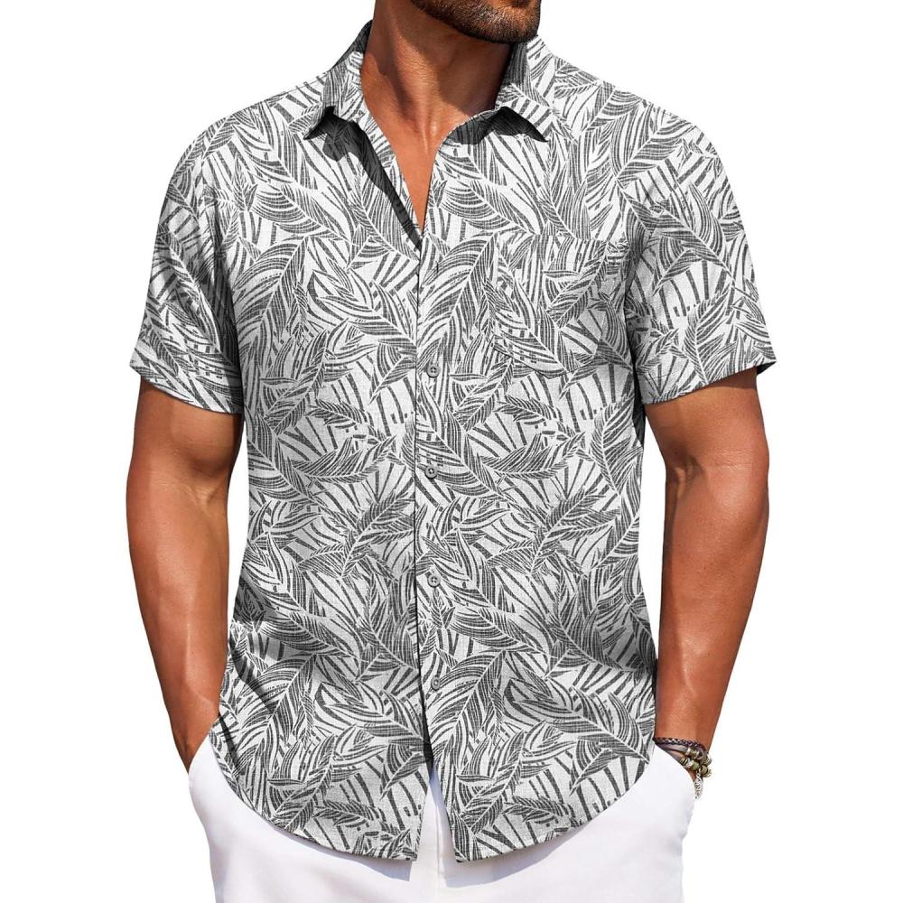 imageCOOFANDY Mens Summer Beach Vacation Shirt Casual Button Down Short Sleeve Shirt Hawaiian Tropical Resort WearPalm Leavesgrey Blue