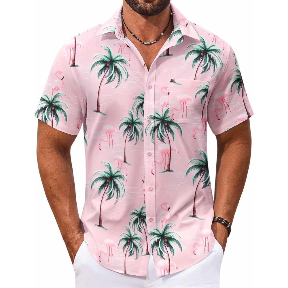 imageCOOFANDY Mens Summer Beach Vacation Shirt Casual Button Down Short Sleeve Shirt Hawaiian Tropical Resort WearPinkcoconut Trees
