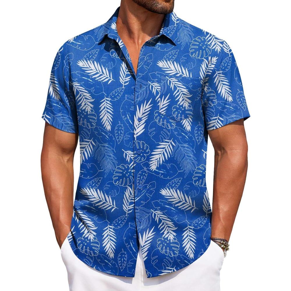 imageCOOFANDY Mens Summer Beach Vacation Shirt Casual Button Down Short Sleeve Shirt Hawaiian Tropical Resort WearSilhouette Leavesroyal Blue
