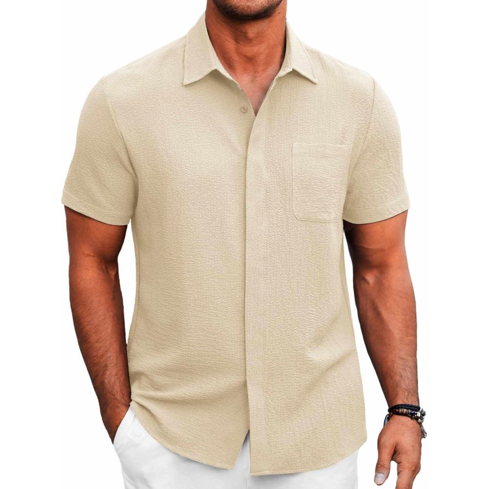 imageCOOFANDY Mens Summer Shirt Hawaiian Vacation Travel Button Down Slim Fit Shirts Light Coffee