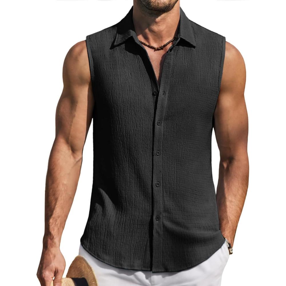 imageCOOFANDY Mens Summer Sleeveless Shirts Beach Knit Tank Top Button Up Casual Tank Shirt Vacation TopsBlack