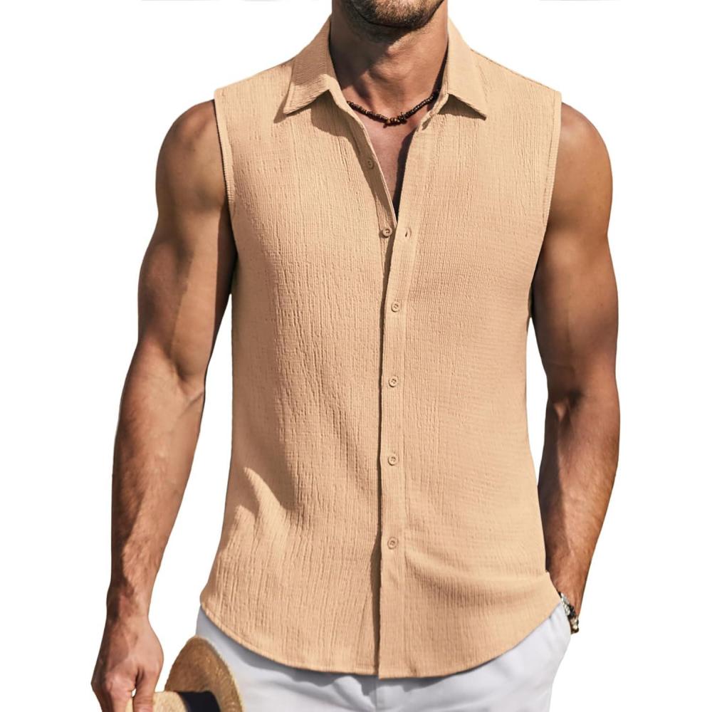 imageCOOFANDY Mens Summer Sleeveless Shirts Beach Knit Tank Top Button Up Casual Tank Shirt Vacation TopsLight Apricot