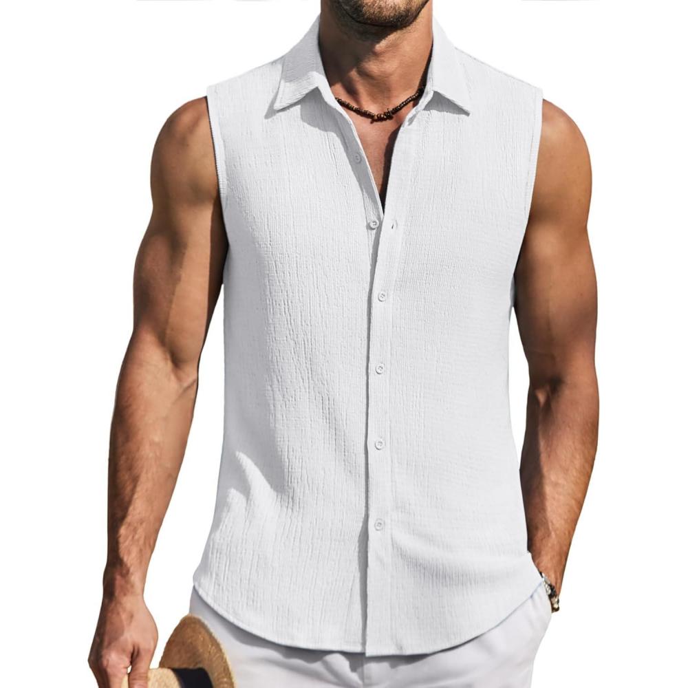imageCOOFANDY Mens Summer Sleeveless Shirts Beach Knit Tank Top Button Up Casual Tank Shirt Vacation TopsWhite