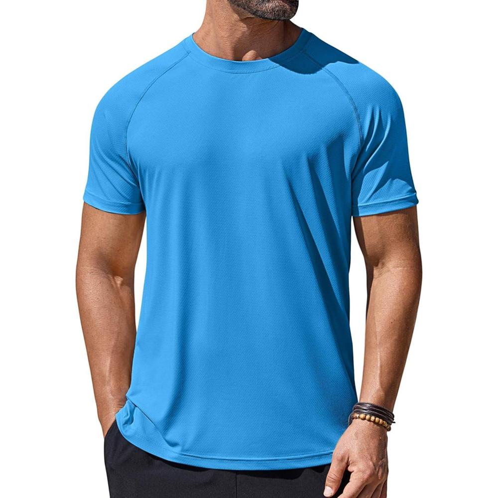 imageCOOFANDY Mens Swim Shirt Short Sleeve UPF 50 Sun Protection Shirt Rah Guard Athletic Quick Dry T ShirtsDeep Blue