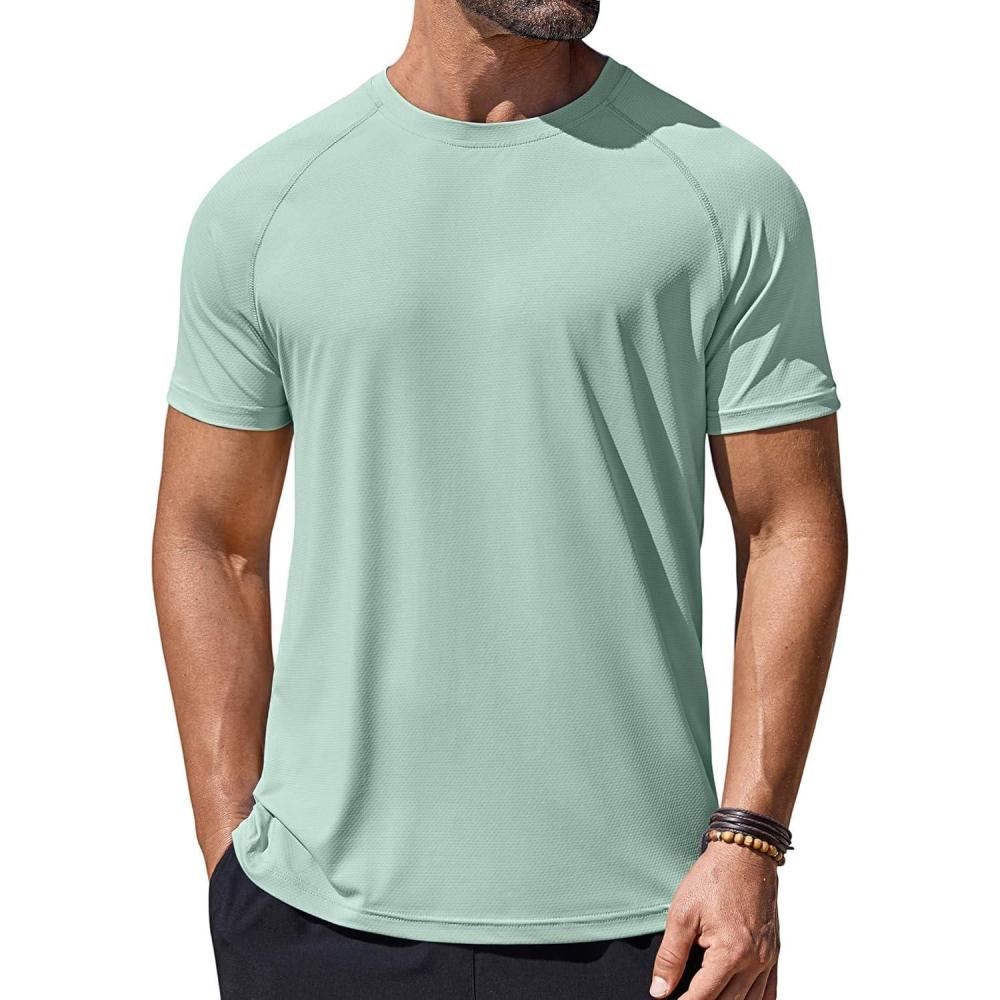 imageCOOFANDY Mens Swim Shirt Short Sleeve UPF 50 Sun Protection Shirt Rah Guard Athletic Quick Dry T ShirtsLight Green